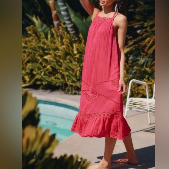 NWT Anthropologie Lace/Crochet Detail Boho/Bohemian Gauze Midi Dress in Pink XL - Picture 12 of 12